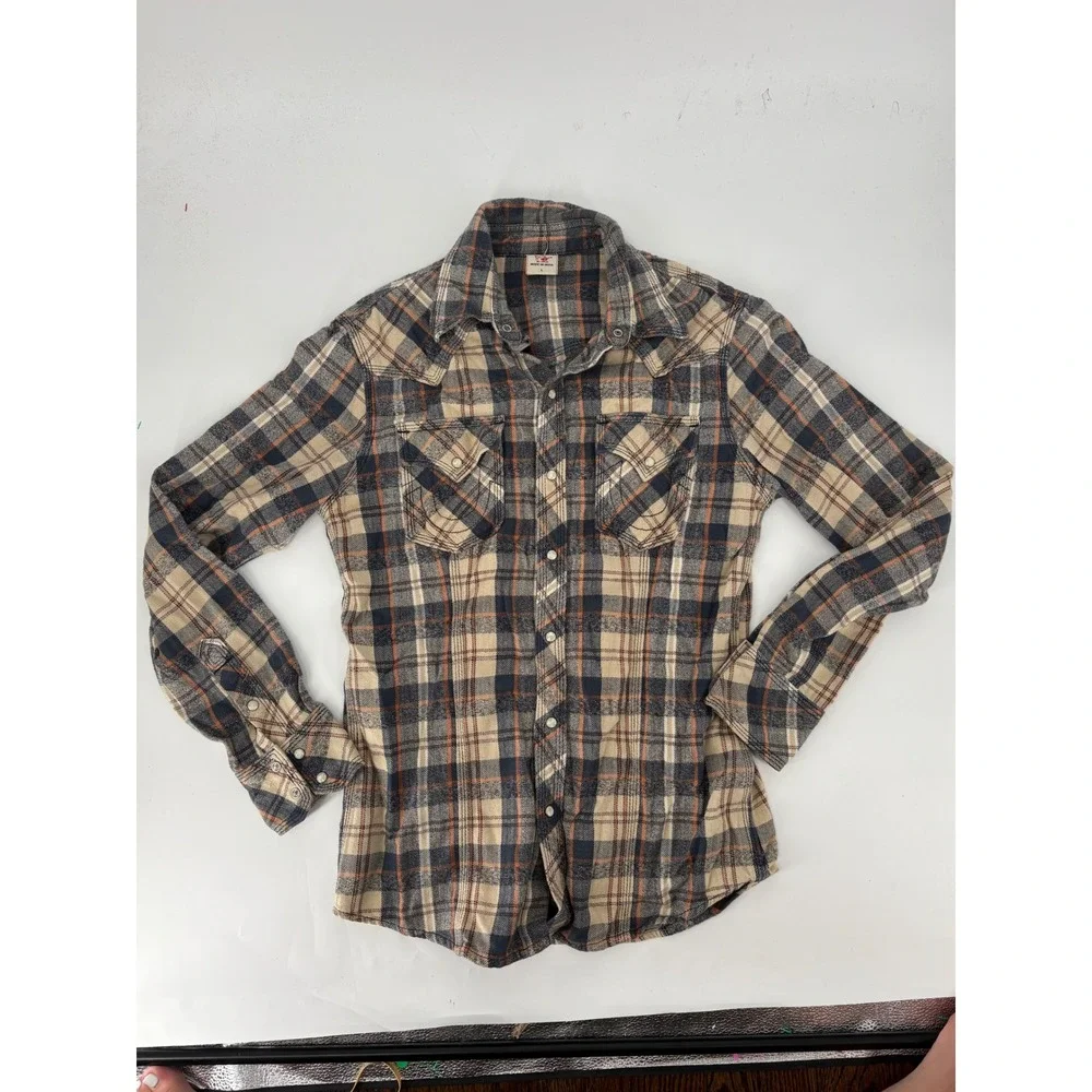 True Religion Mens Plaid Western Flannel Shirt Pearl Snap Blue Orange Large